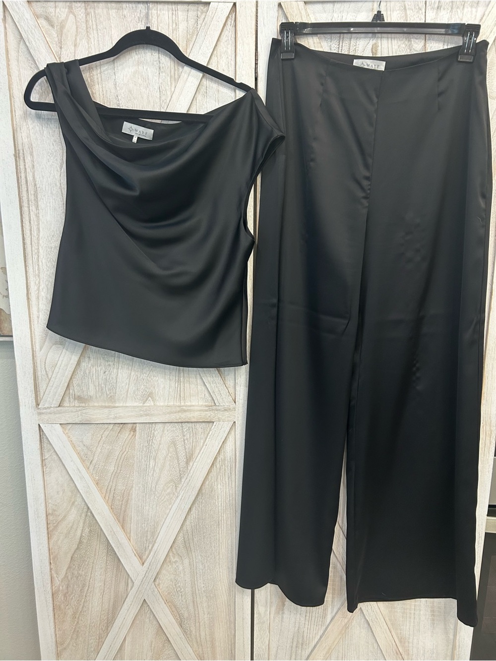 Wayf Black Satin Wide-Leg Pants with Cowl Neck Top